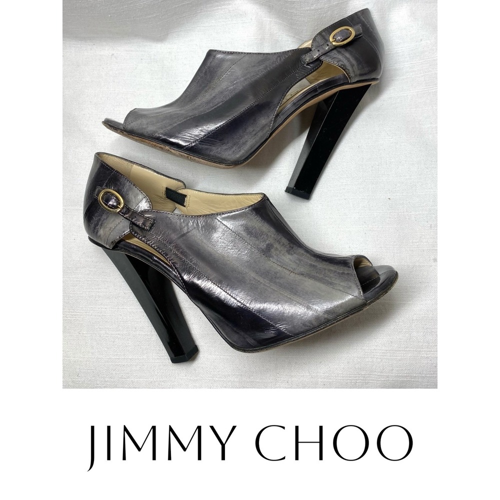 Jimmy Choo Keira Gray Eel Skin Peep Toe Slingback Booties Heels EU 36.5